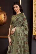 Olive Silk Batik Printed Zari Saree