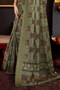 Olive Silk Batik Printed Zari Saree