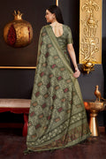 Olive Silk Batik Printed Zari Saree