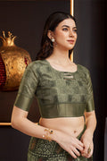 Olive Silk Batik Printed Zari Saree