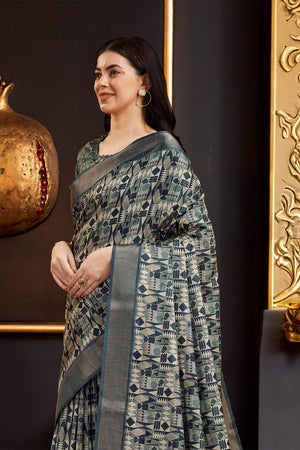 Grey Silk Geometric Printed Zari Saree