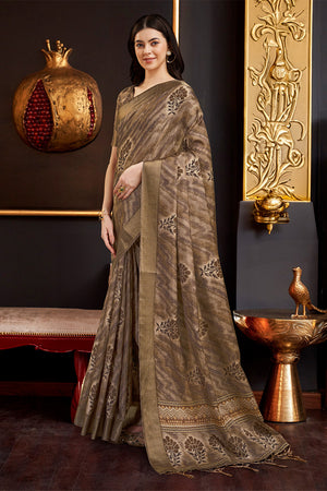 Brown Silk Floral Printed Zari Saree