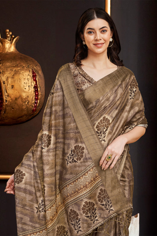 Brown Silk Floral Printed Zari Saree