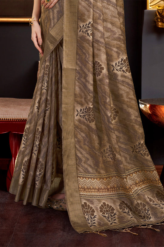 Brown Silk Floral Printed Zari Saree