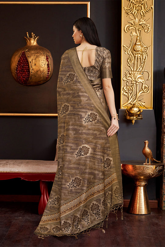 Brown Silk Floral Printed Zari Saree