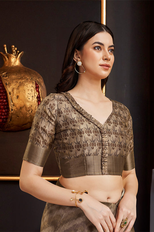 Brown Silk Floral Printed Zari Saree