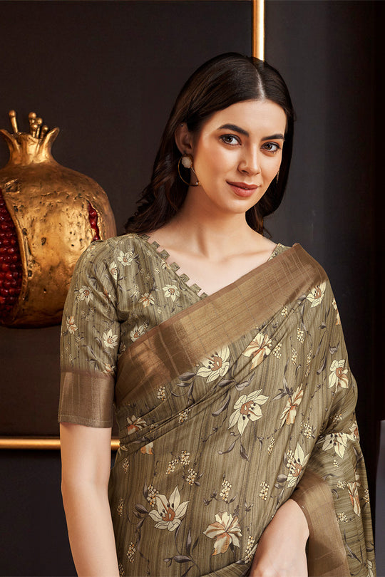 Mehendi Green Silk Floral Printed Zari Saree