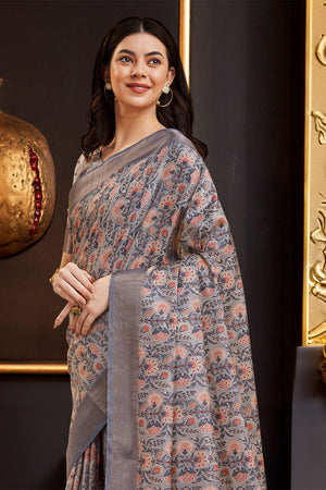 Peach Silk Floral Printed Zari Saree