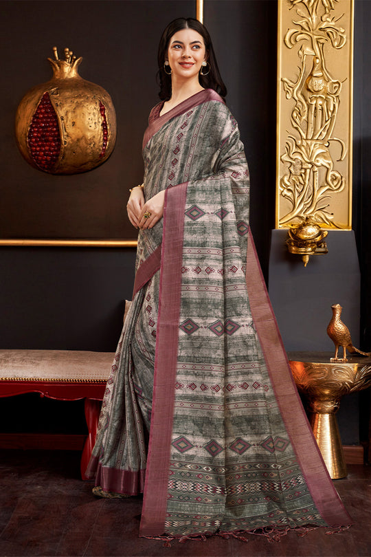 Dark Green & Maroon Silk Ethnic Motifs Printed Saree