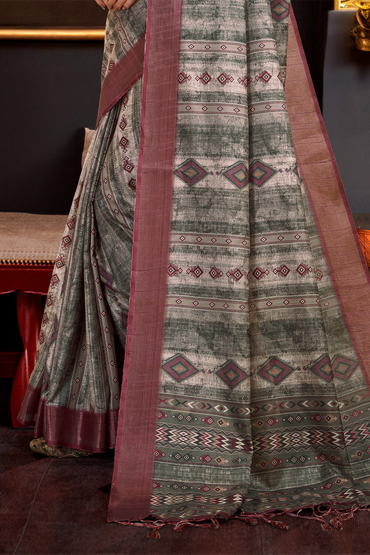 Dark Green & Maroon Silk Ethnic Motifs Printed Saree