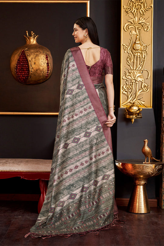 Dark Green & Maroon Silk Ethnic Motifs Printed Saree