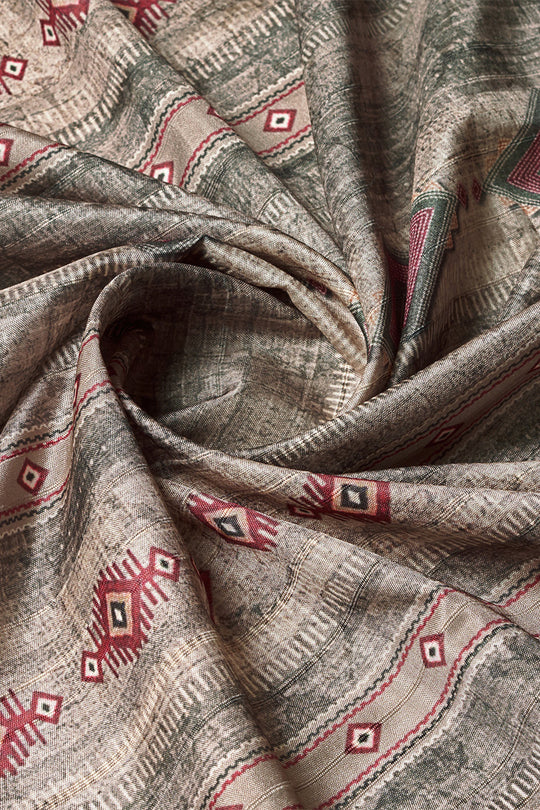 Dark Green & Maroon Silk Ethnic Motifs Printed Saree