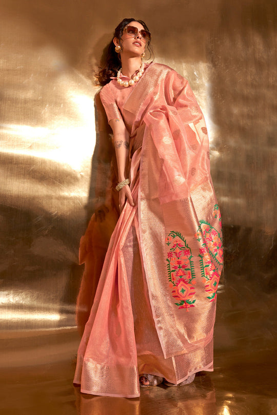 Pink Paithani Silk Saree With Blouse Piece