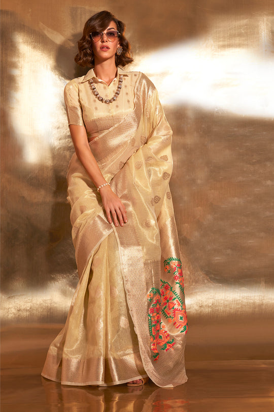 Light Yellow Paithani Silk Saree With Blouse Piece