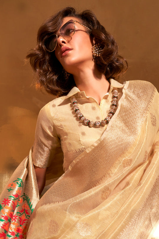 Light Yellow Paithani Silk Saree With Blouse Piece