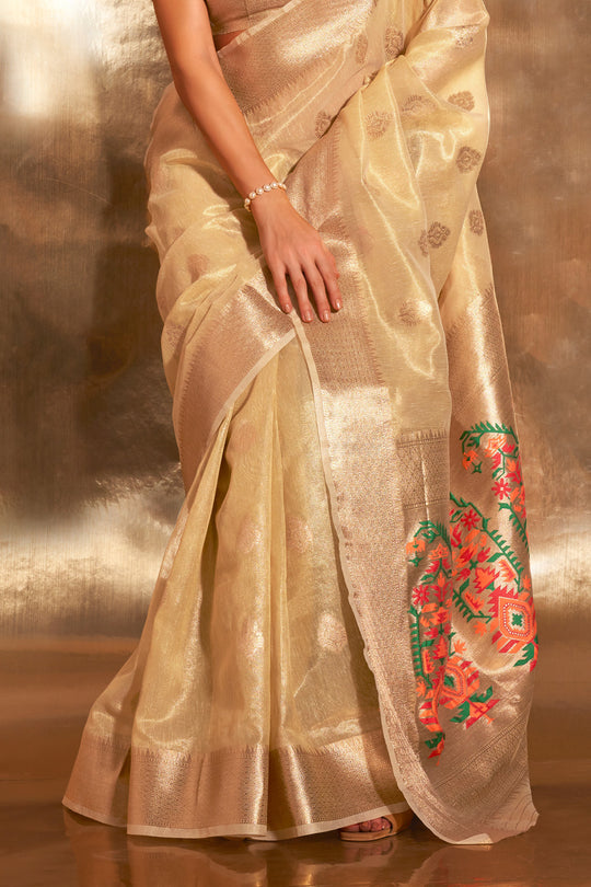 Light Yellow Paithani Silk Saree With Blouse Piece
