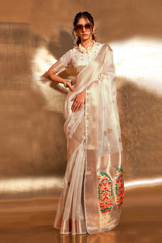 Off White Paithani Silk Saree With Blouse Piece