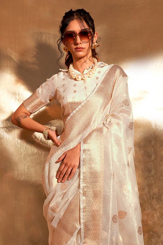 Off White Paithani Silk Saree With Blouse Piece