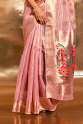 Baby Pink Paithani Silk  Saree With Blouse Piece