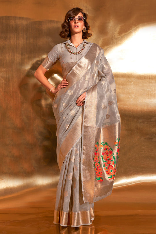 Grey Paithani Silk Saree With Blouse Piece
