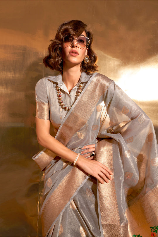Grey Paithani Silk Saree With Blouse Piece