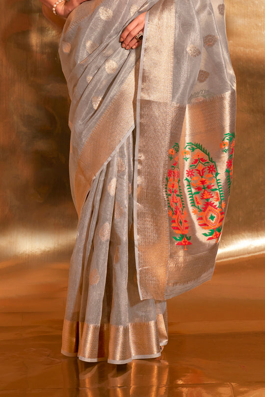 Grey Paithani Silk Saree With Blouse Piece