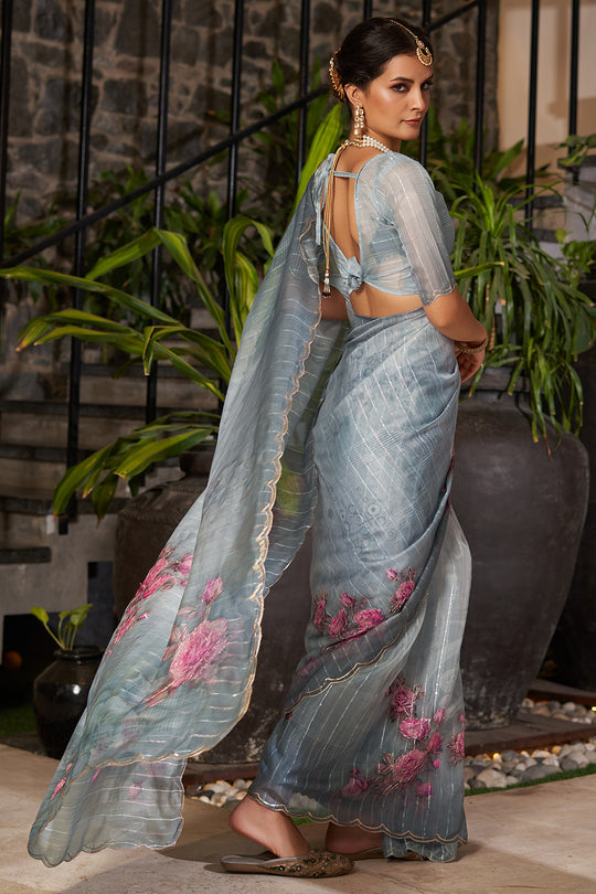Pastel Grey Organza Saree