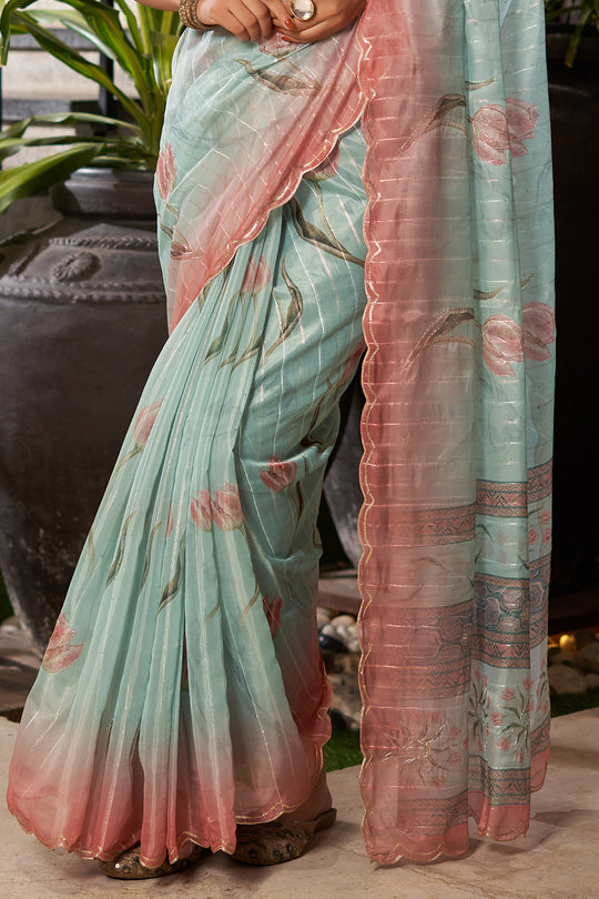 Light Teal Organza Saree