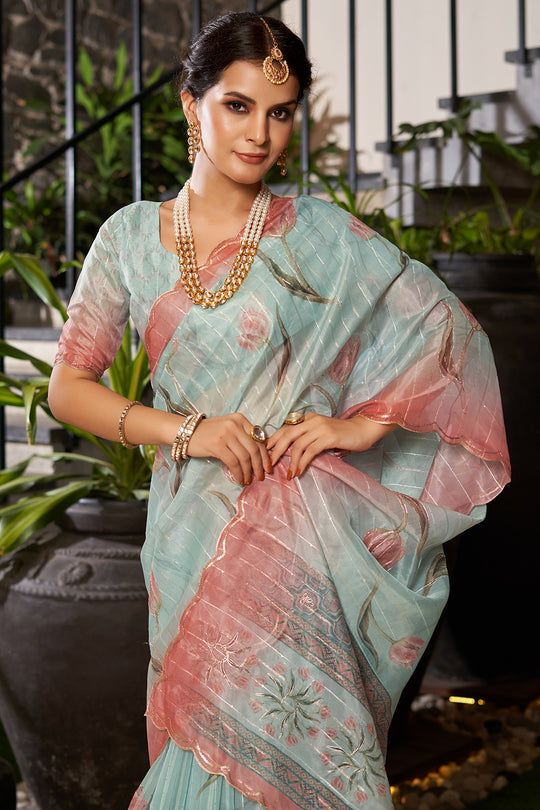 Light Teal Organza Saree