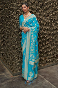 Teal Blue Silk Saree With Blouse Piece