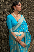 Teal Blue Silk Saree With Blouse Piece