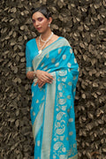 Teal Blue Silk Saree With Blouse Piece