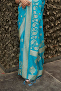 Teal Blue Silk Saree With Blouse Piece