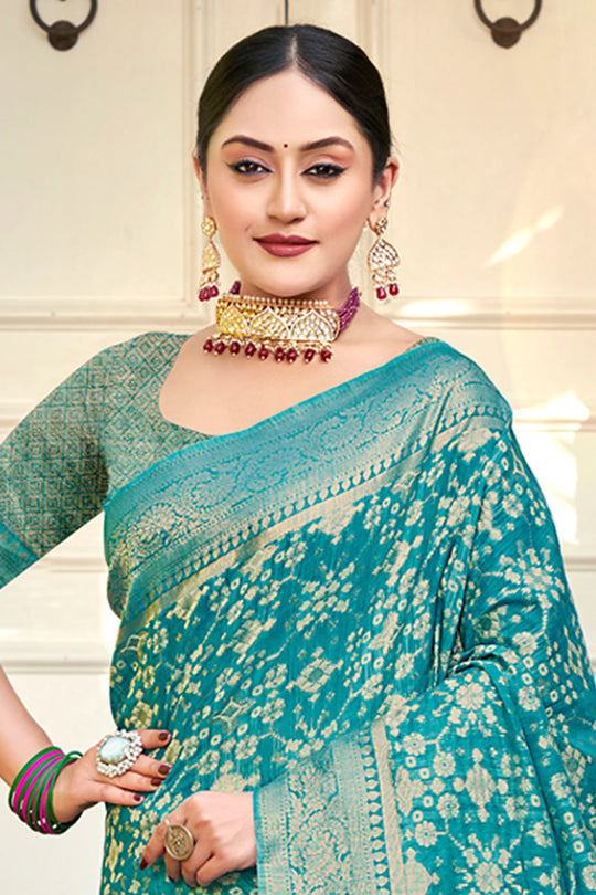 Turquiose Cotton Saree With Blouse Piece