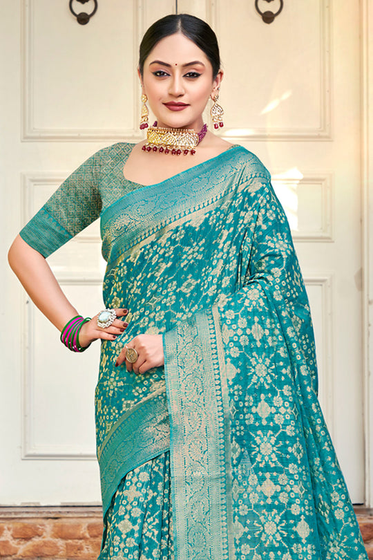Turquiose Cotton Saree With Blouse Piece
