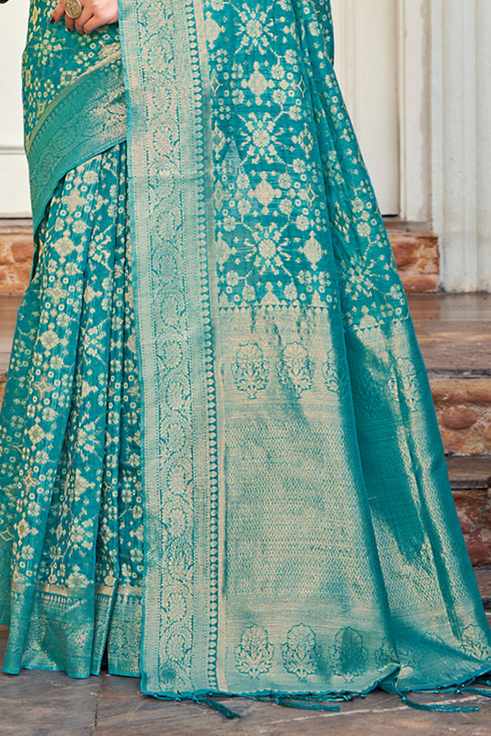 Turquiose Cotton Saree With Blouse Piece