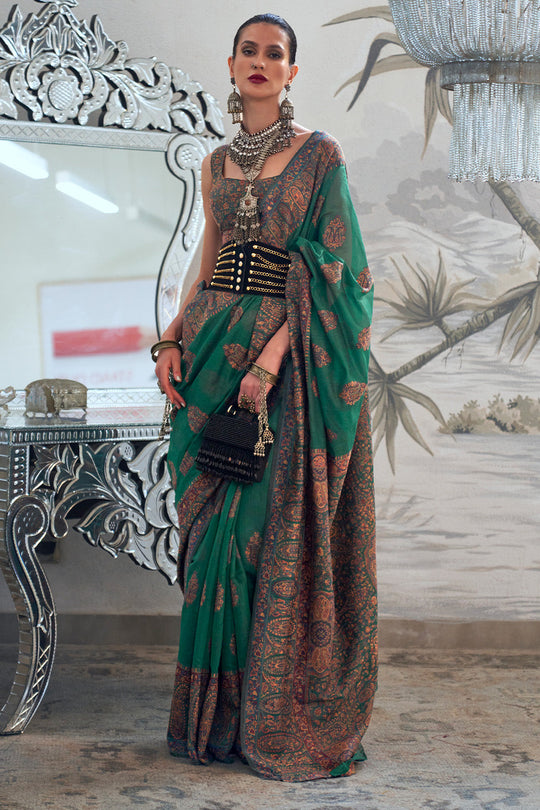 Green Pashmina Kashmiri Silk Saree With Blouse Piece