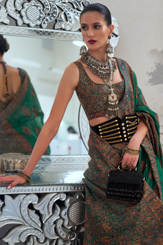 Green Pashmina Kashmiri Silk Saree With Blouse Piece