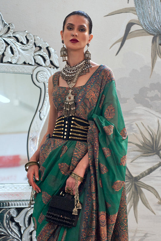 Green Pashmina Kashmiri Silk Saree With Blouse Piece