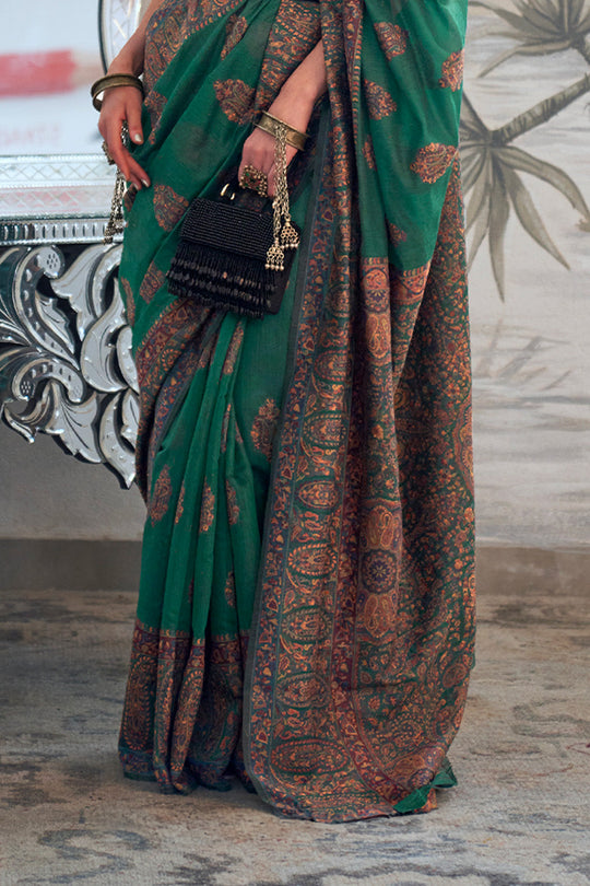 Green Pashmina Kashmiri Silk Saree With Blouse Piece