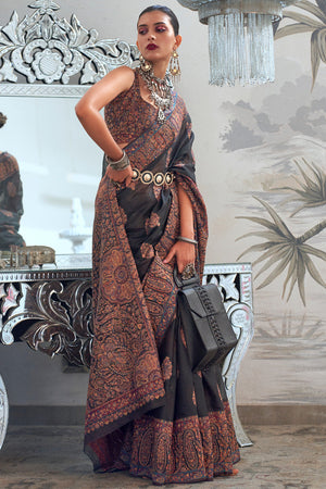 Black Pashmina Kashmiri Silk Saree With Blouse Piece