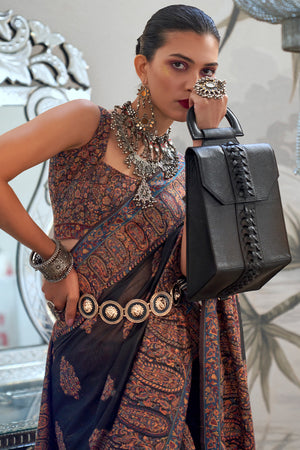 Black Pashmina Kashmiri Silk Saree With Blouse Piece