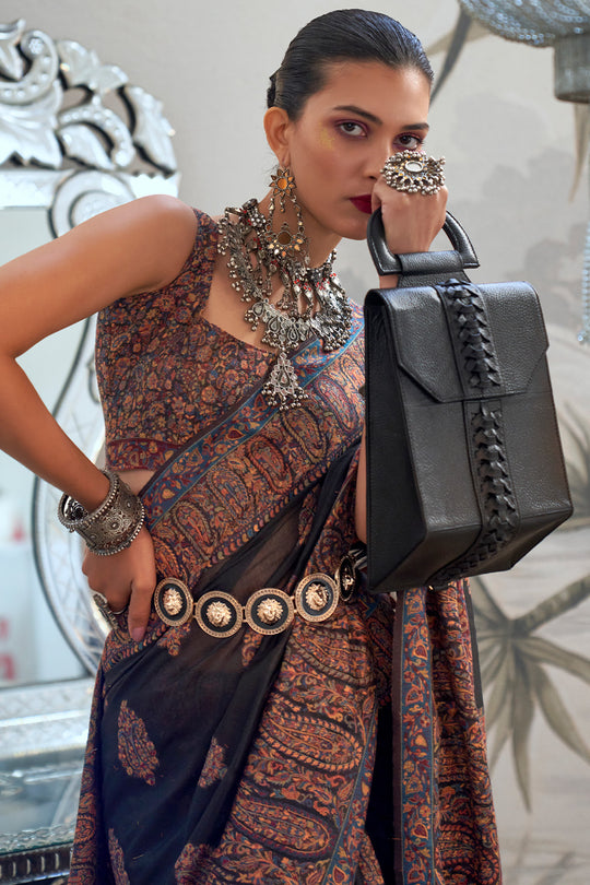 Black Pashmina Kashmiri Silk Saree With Blouse Piece