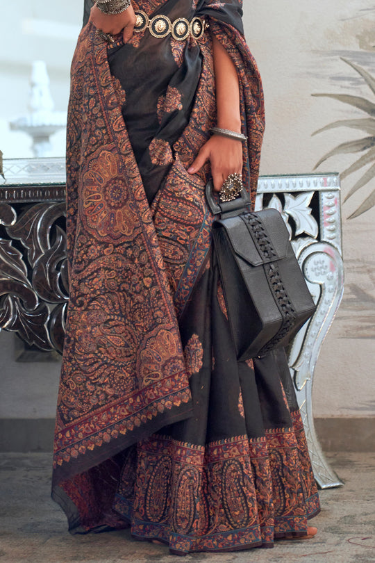 Black Pashmina Kashmiri Silk Saree With Blouse Piece