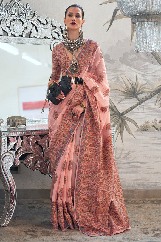 Pink Pashmina Kashmiri Silk Saree With Blouse Piece