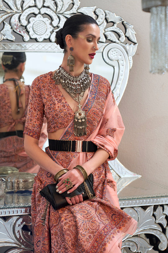 Pink Pashmina Kashmiri Silk Saree With Blouse Piece