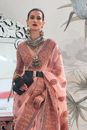 Pink Pashmina Kashmiri Silk Saree With Blouse Piece