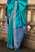 Ocean Blue Soft Silk Saree With Blouse Piece