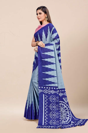 Womens Cotton Blue Saree With Blouse Piece