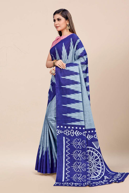 Womens Cotton Blue Saree With Blouse Piece
